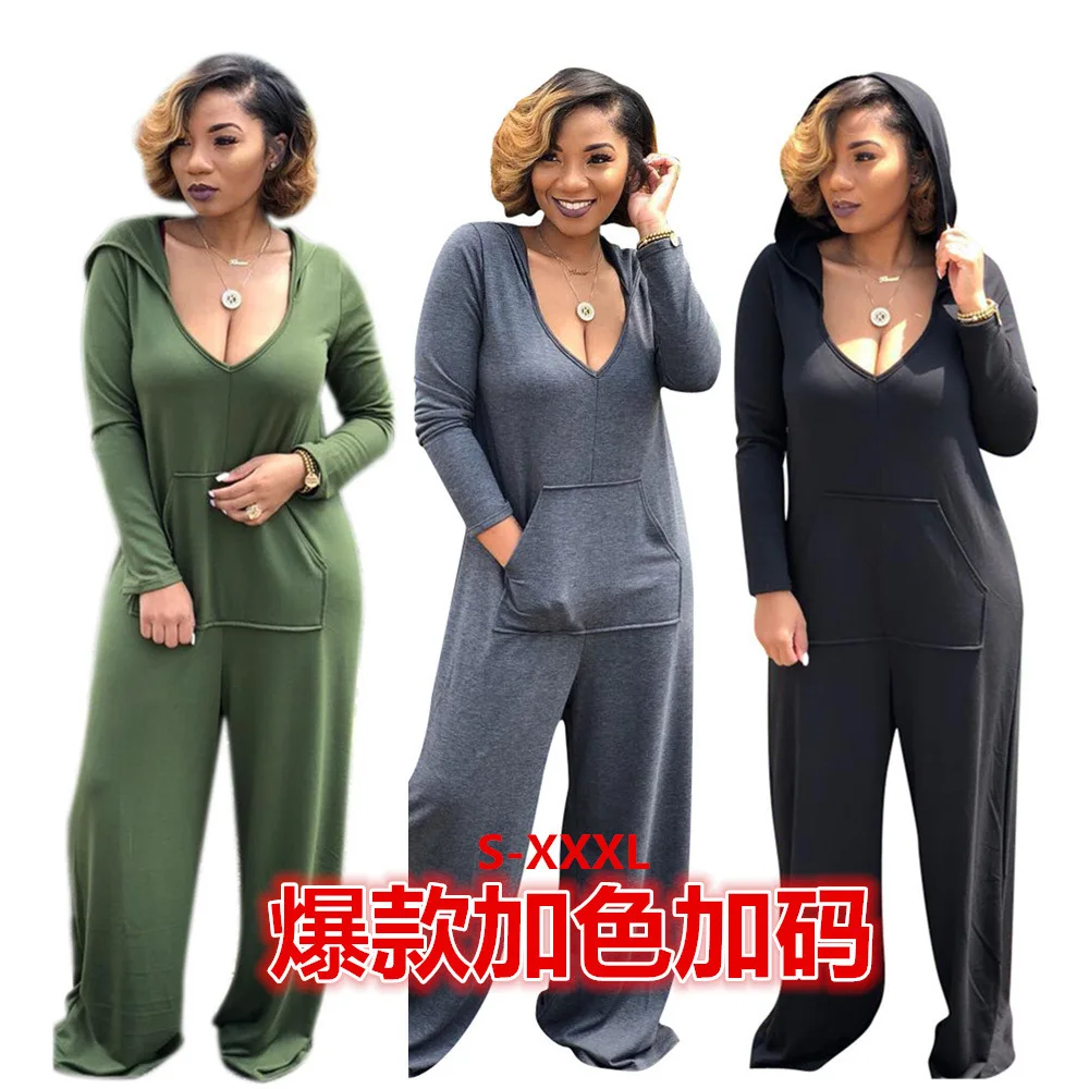 

FNOCE Cross-border Foreign Trade Women's sexy Deep V wide-leg Trousers Solid Color Hooded Pocket Casual Women's jumpsuit