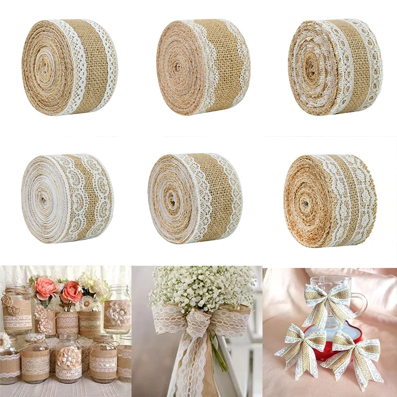 

2Meters/Roll Jute Burlap Hessian Ribbon with Lace Trims Vintage Tapes For Rustic Wedding Decoration Party Gift Wrap Decoration