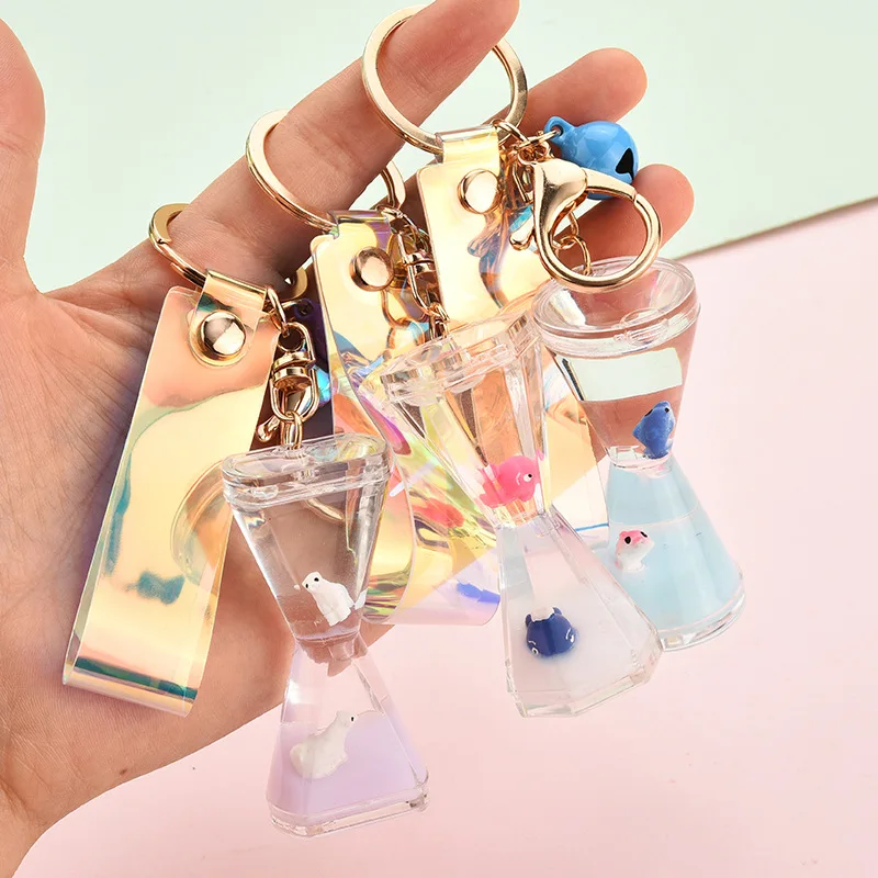 

Quicksand Hourglass Keychain Liquid Into Oil Drum Drift Bottle Floating Marine Doll Couple Bag Pendant Keyring New Fashion Gift