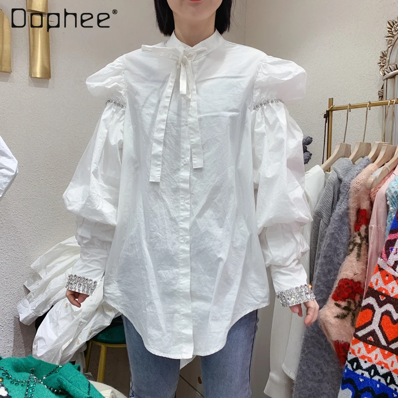 

Женская однобортная рубашка, свободная хлопковая блузка во французском стиле с длинными рукавами-фонариками и бантом, с бусинами, Осень-зим...