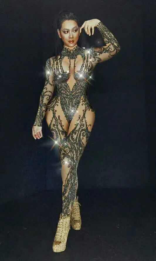 Женский комбинезон певец Dj Ds сексуальный телесный черный со стразами блестящий