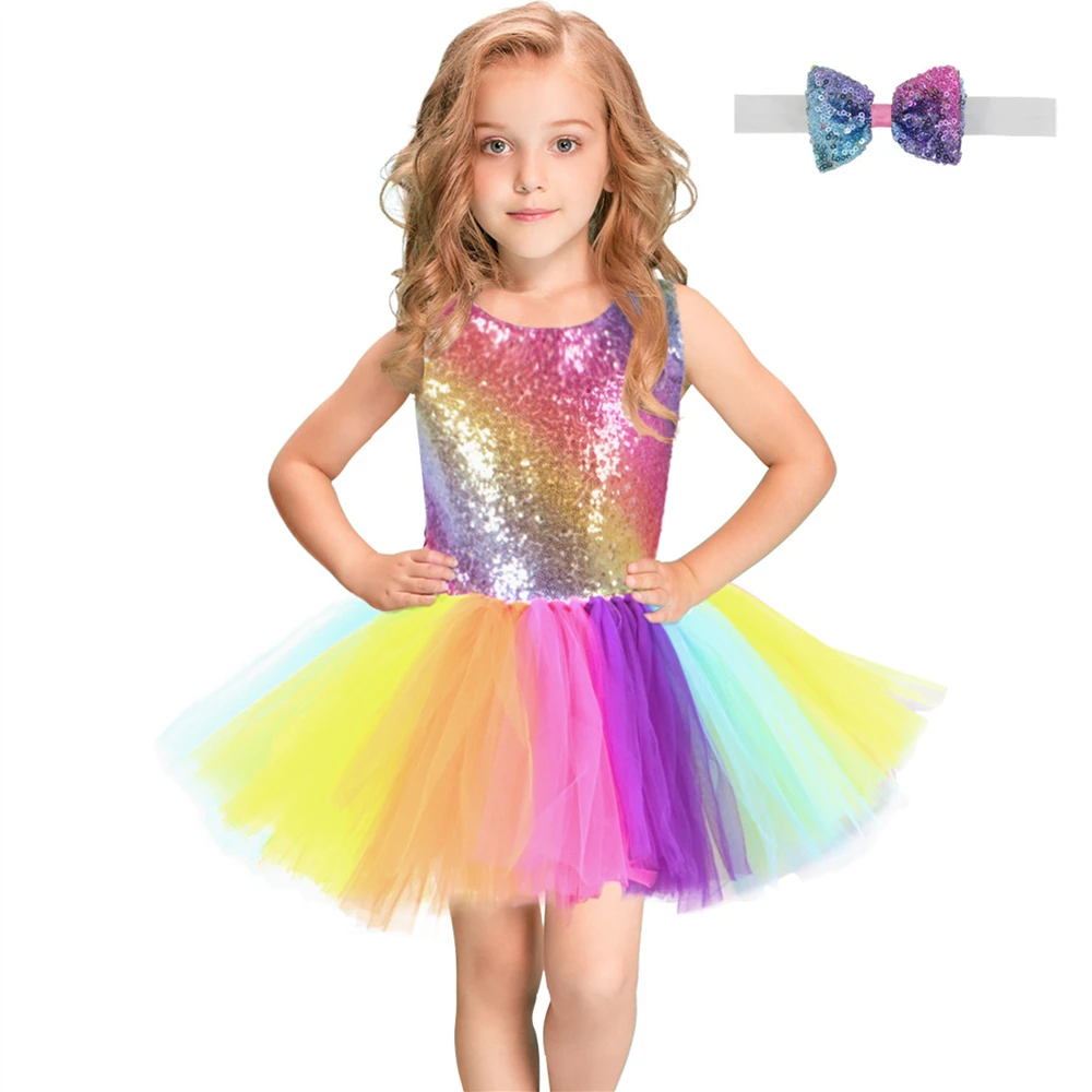 Rainbow Sequins Tutu Dress for Kids Fashion Backless Sleeveless Tulle Girls Clothes Colorful Children Girl Party 2-8 | Детская одежда и