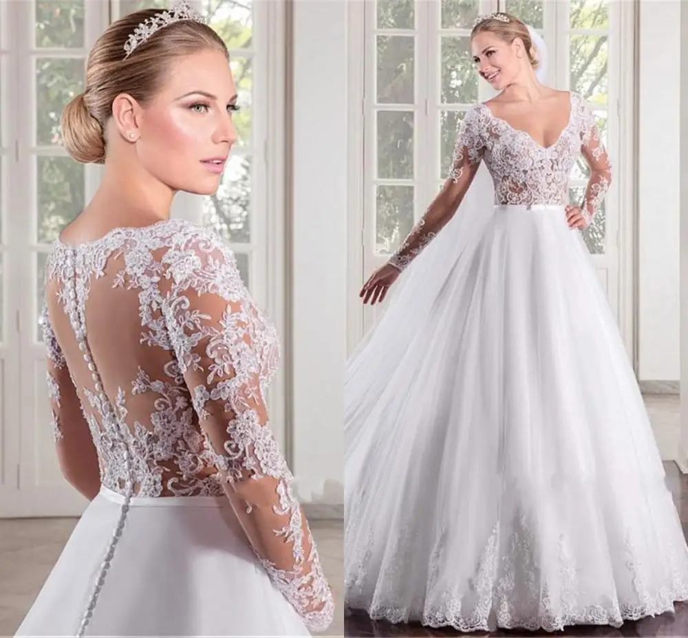 

Marvelous Tulle V-neck Neck See-through Bodice A-line Lace Dress for Wedding Party Long Sleeves Illusion Back Bridal Gowns