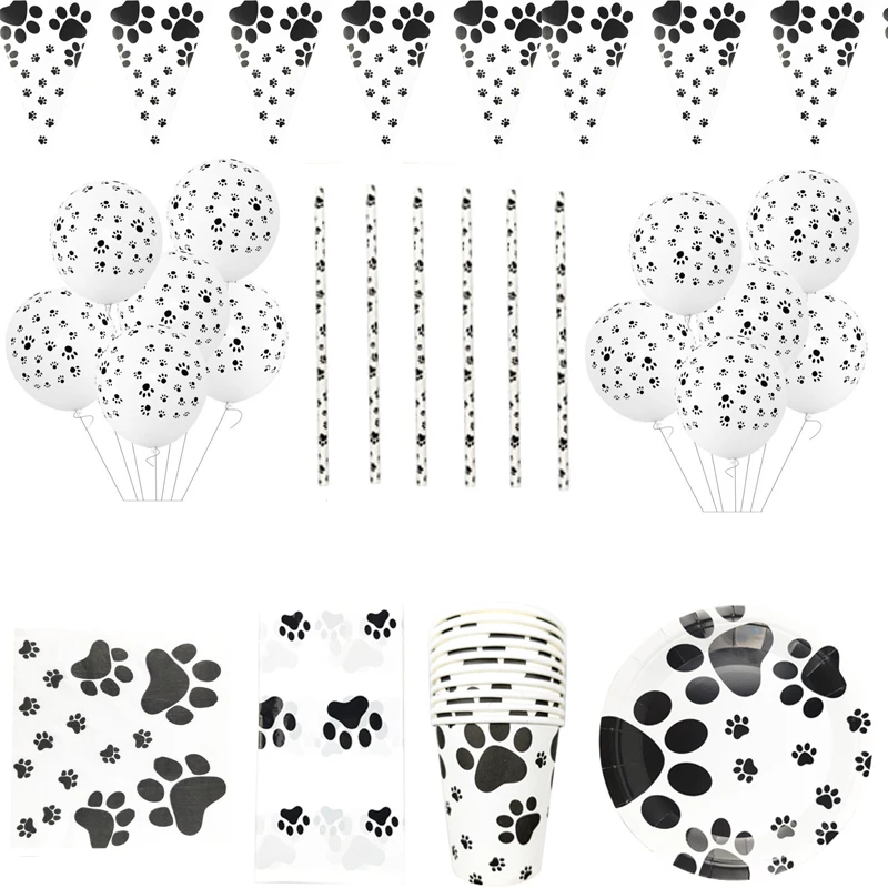 

71pcs/lot Dog Paw Shape Theme Straws Balloons Flag Kids Favors Plates Cups Birthday Baby Shower Party Tablecloth Napkins Banner