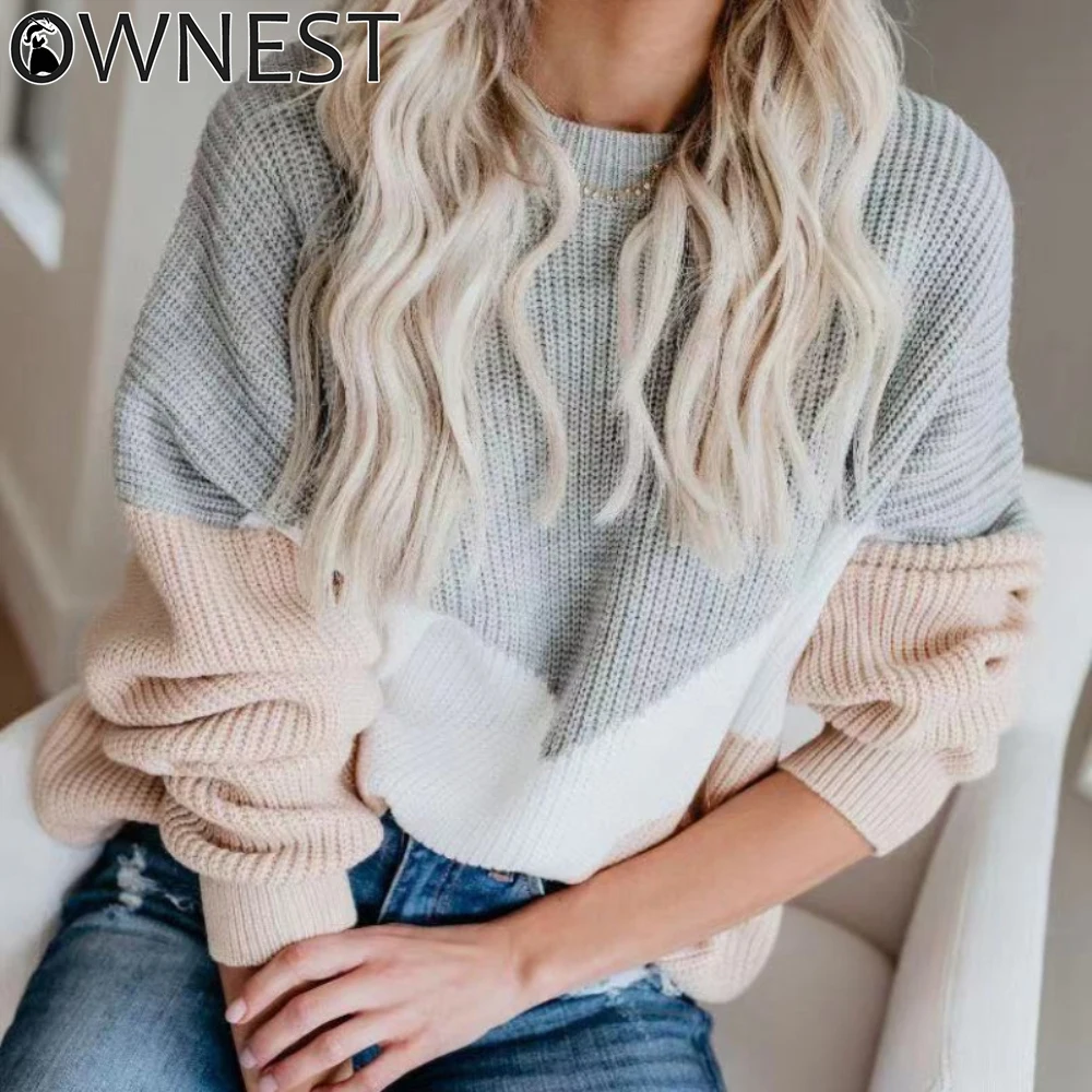 

Autumn Winter Pullover Loose Women Knitted Sweater Long Sleeve O-neck Patchwork Sweater Casual 2021 Color Block Striped Sweater
