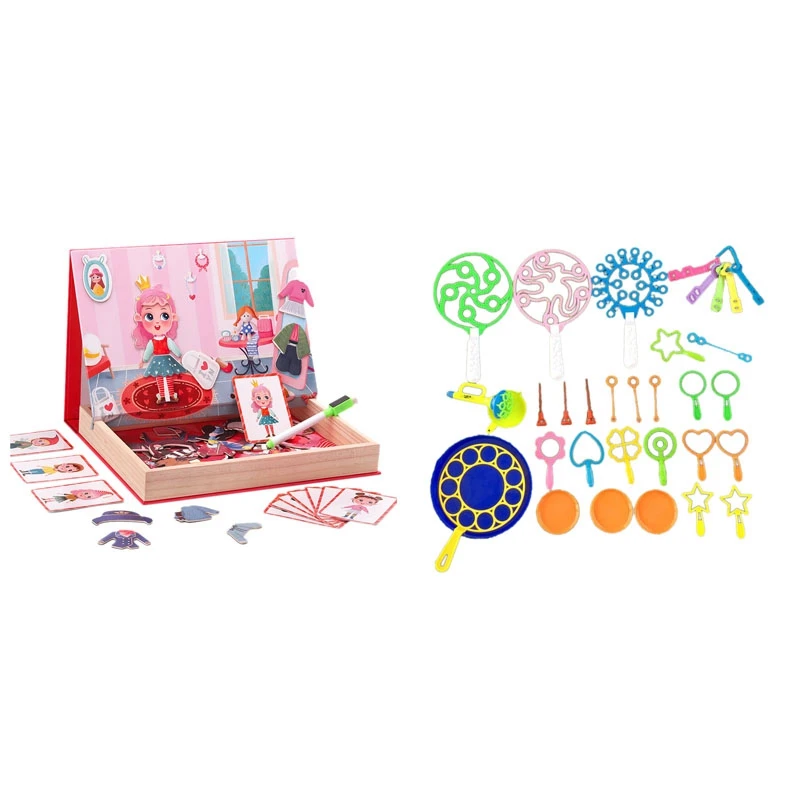 

29Pcs Funny Colorful Bubble Wand Kit & 1 Set Magnetic Double-Sided Puzzle Cartoon Girl Dress Up Puzzle White Board Toy