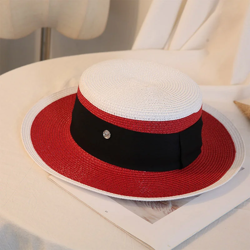 

Summer Elegant Retro Women Flat Top Straw Hat Trip Caps Leisure Beach Sun Hats M Letter Breathable Flower Beach Hat
