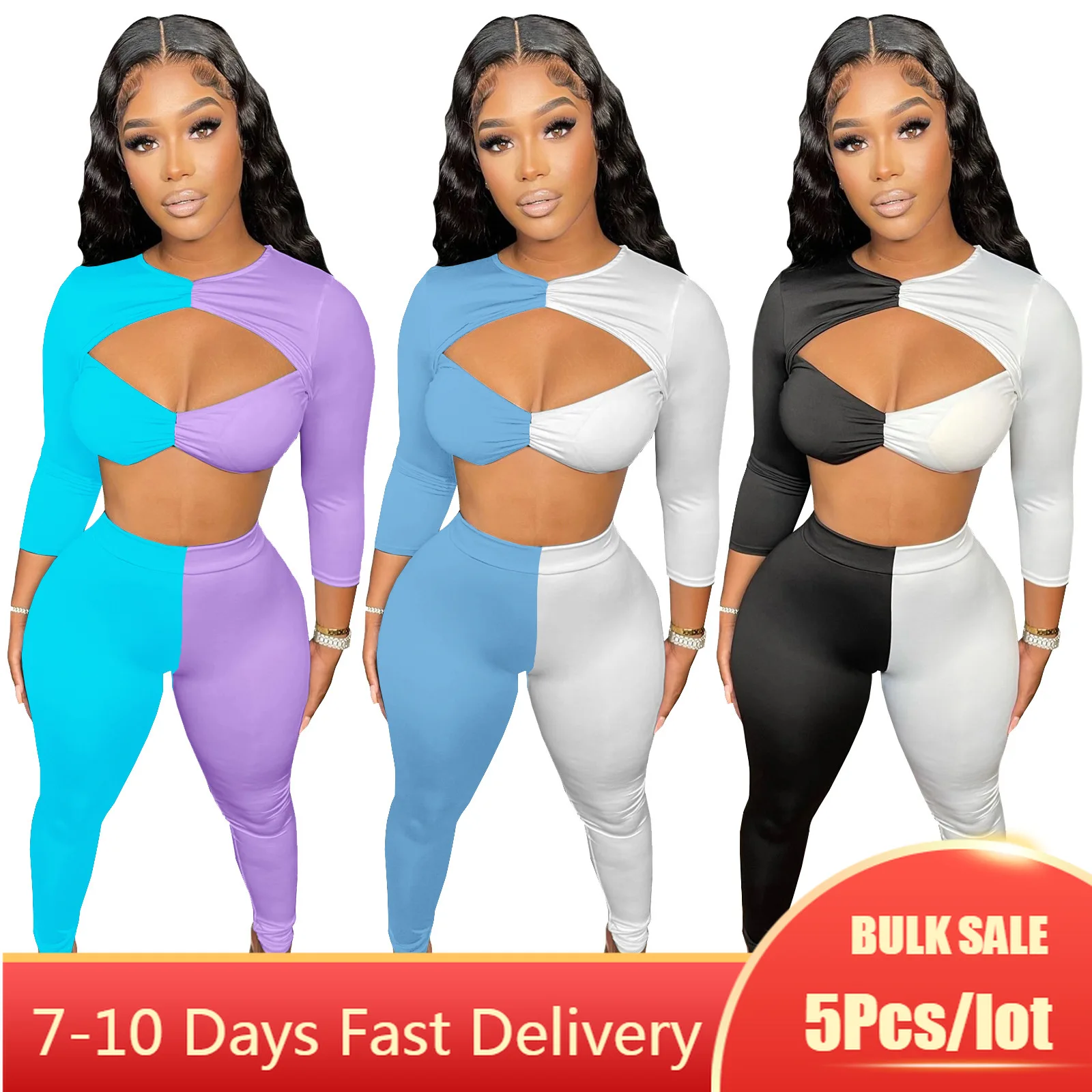 

5PCS Wholesale Itmes In Bulk Casual Patchwork Two Piece Outfits Women Hollow Out Contrast Color Crop Tops Legging Matching Sets