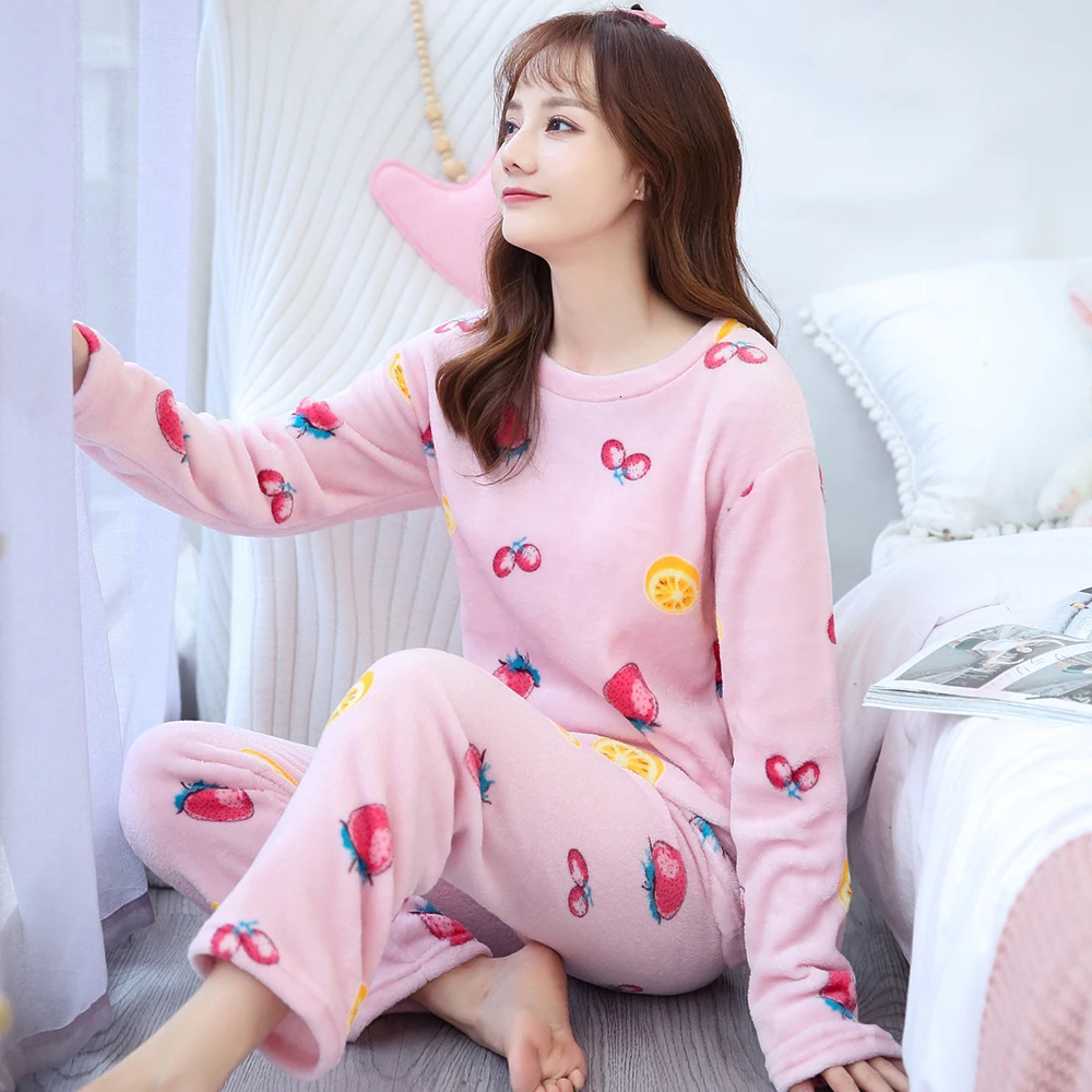 pajamas Зимние теплые пижамы для женщин с длинным рукавом, толстые коралловые бархатные пижамные комплекты, цветочные фланелевые бархатные пижамы Feminino Pijama Mujer - Цвет: pajamas