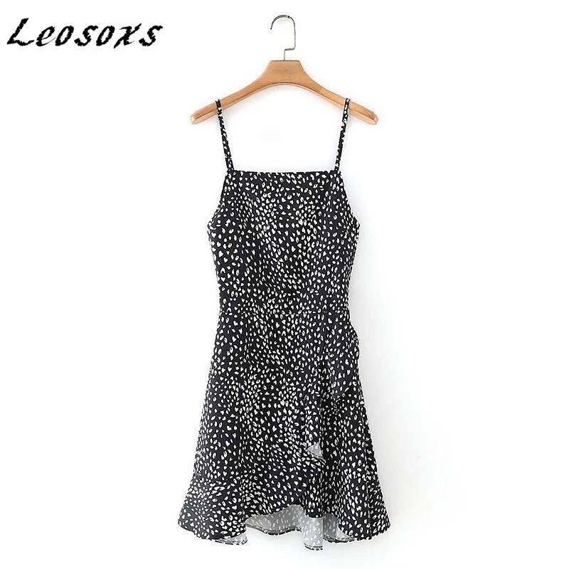 

Leosoxs Fashion Ruffles print women dress sleeveless camisole high waist slim irregular elegant short dresses 2021 Summer New