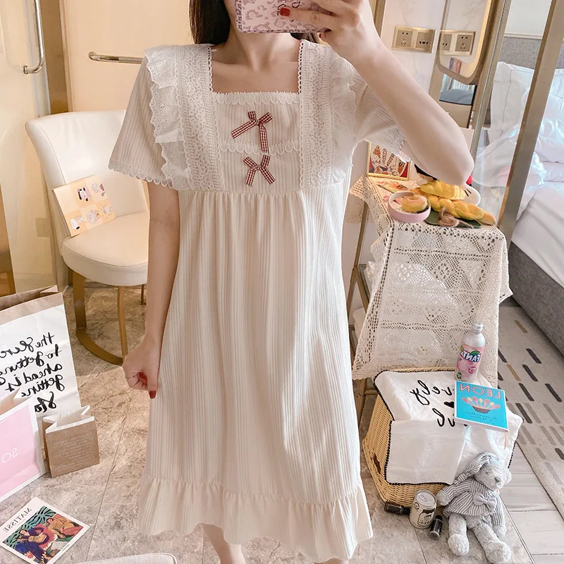 

Womens Cotton Nightgowns Bow Gown Nighty Sleepwear Sexy Hot Erotic Night Dress Lingerie Japanese Long Sleepshirts Homewear Suit