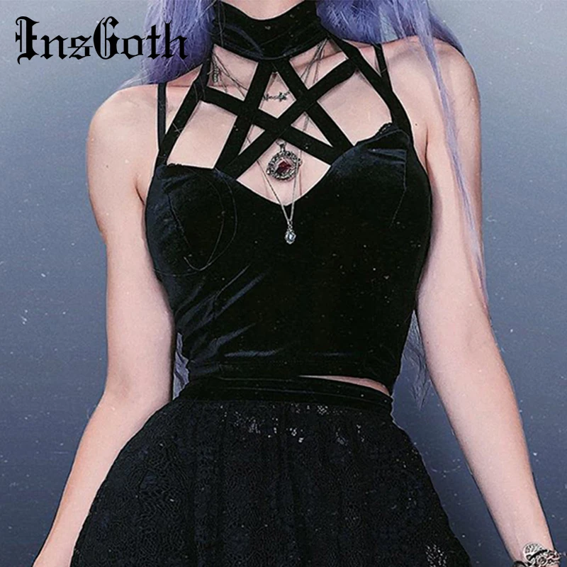 

InsGoth Goth Pentagram Black Camis Vintage Velvet Sexy Corset Tops Gothic Halter Backless Hollow Out Crop Tops Basic Streetwear