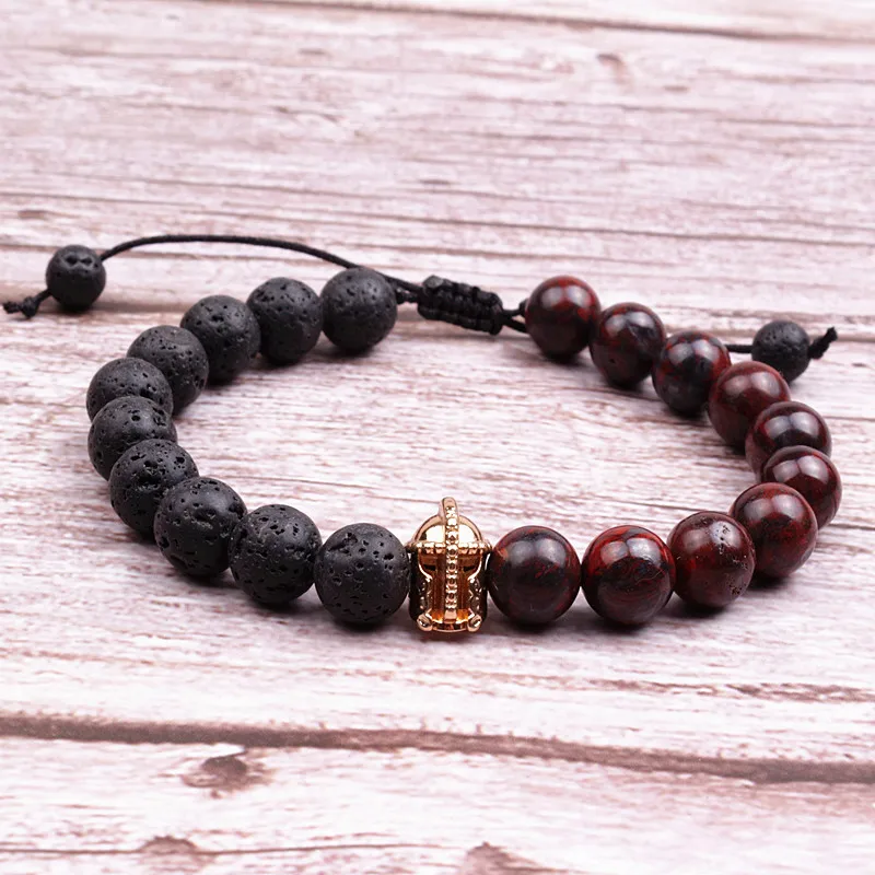 Браслет мужской из гематита с резьбой по шлему спартанского рыцаря бусина