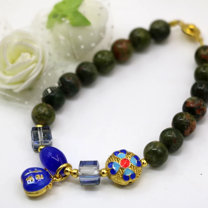 Браслеты и очаровательные браслеты с круглыми бусинами из натурального унакита 8 мм, женские элегантные подарки, бижутерия из перегородчатой эмали с кристаллами и глазами, 7,5 дюйма, B2943