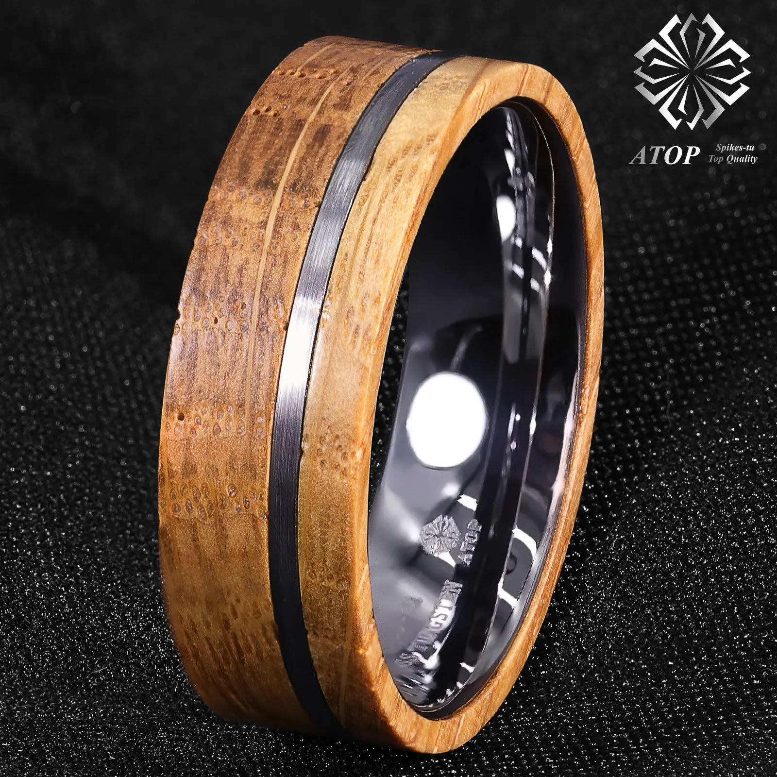 8mm Tungsten Ring With Whiskey Barrel Wood Brushed Stripe ATOP Men Wedding Ring