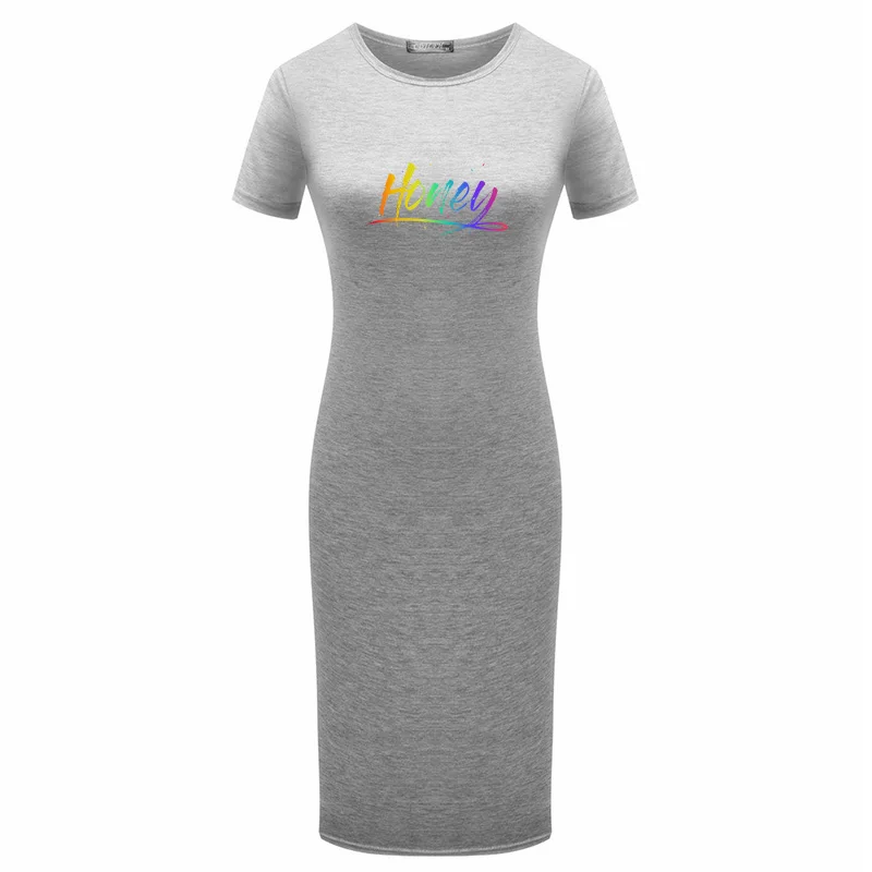 

Womens Dress Honey Letter Print Vestido Summer Short Sleeve Slim Bodycon Dress Tunic Round Neck Casual Pencil Dress 2020 S-XL