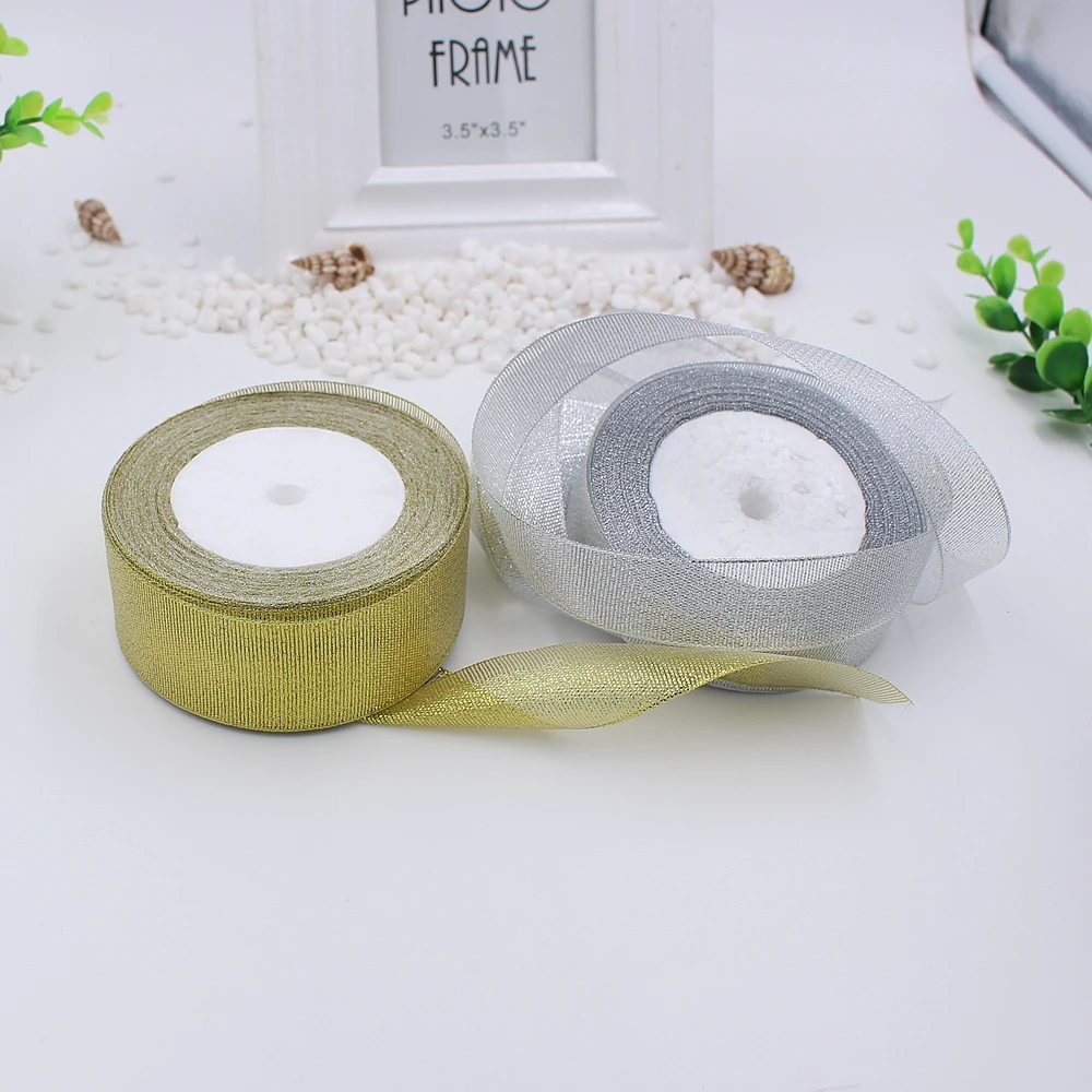 25 ярдов/рулон Золотая Серебряная Блестящая лента 6 размеров (от мм до 40 мм) луковые