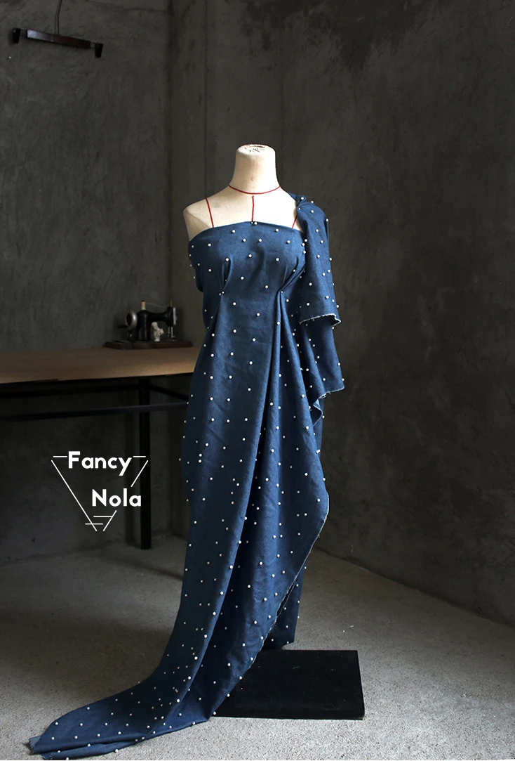 Жемчужный деним 150 см Ширина Творческая ручная вышитая синяя ткань DIY Дизайнерская 3D стерео ткань CG086.