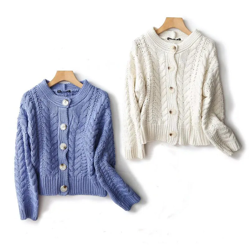 

ZA autumn and winter new products women's simple casual round neck single-breasted twist knit cardigan sweater