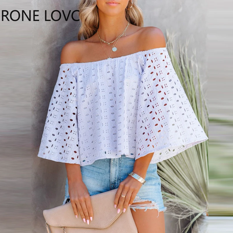 

Women Off Shoulder Bell Sleeve Eyelet Embroidery Top Blouse Women Summer Tops