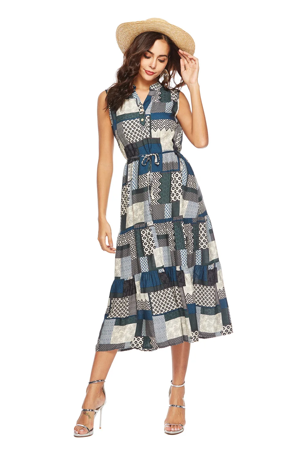 

Fashion Women's Dress New Summer Casual V-neck Pullover Button Printing Waist Ruffled Slim Sleeveless Dresses Donsignet