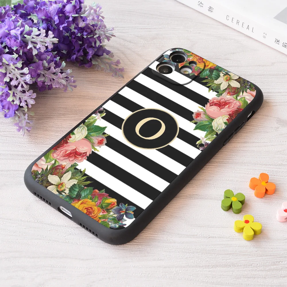 

For iPhone Monogram O On Vintage Flowers And Black And White Stripes Print Soft Matt Apple Case