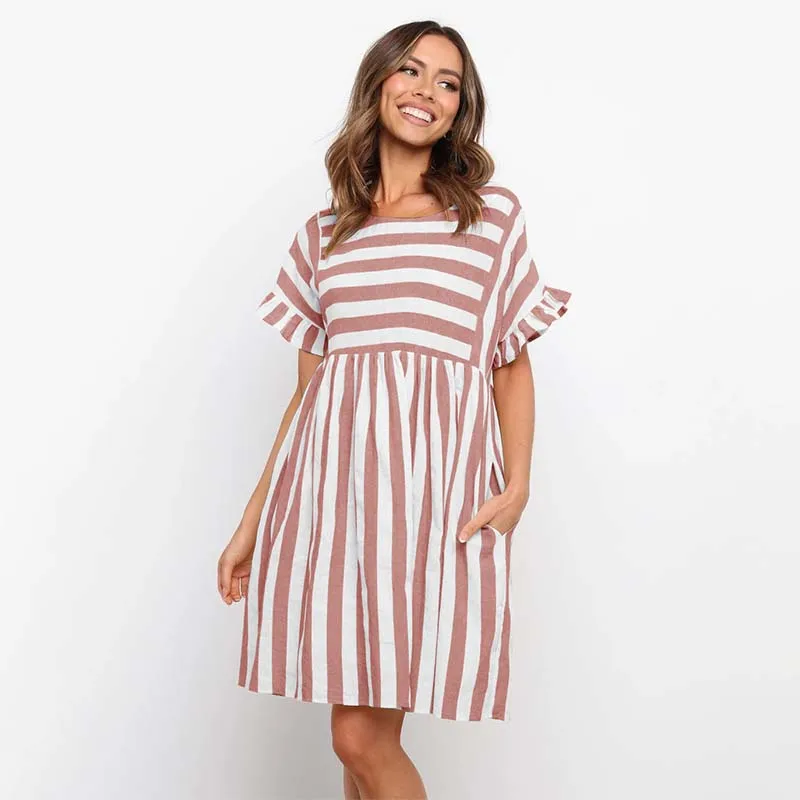 

Women Striped Patchwork Ruffles Short Sleeve Dress Knee-length Pocket Casual Loose Dress Female Plus Size Sundress