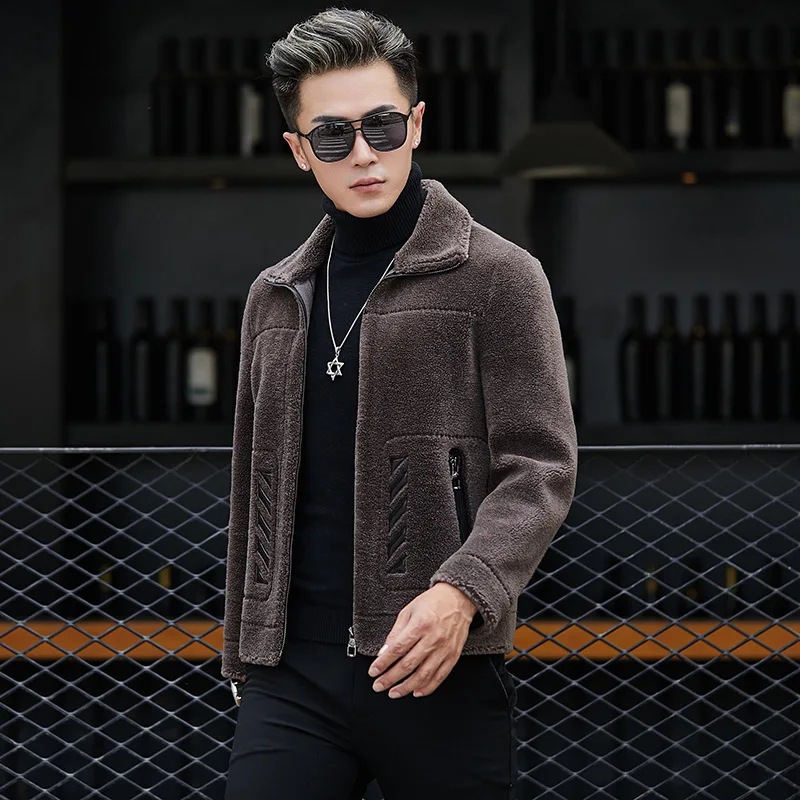 

Men's fur wool lapels and leather zipper pockets series open-stitched fashion youth winter warm sheep shearing jacket