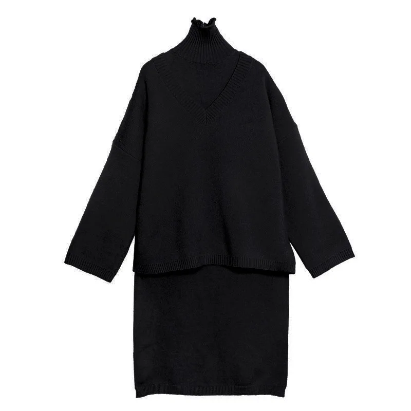 Plus Size Women's High Collar Long Sleeve Knit Sweater Dress Two-piece Set Sweatsuit | Женская одежда