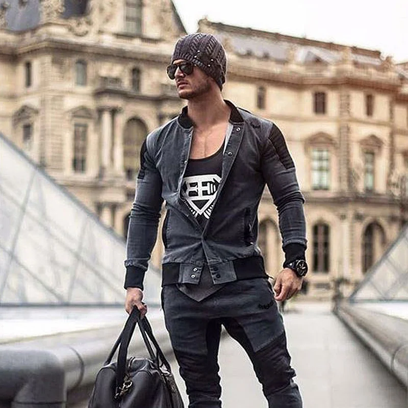 Мужская джинсовая куртка с воротником стойкой стирающаяся спортивная