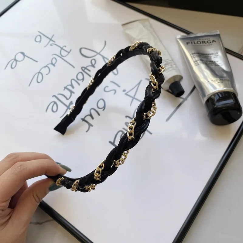 

Simple PU Metal Chain Head Band Hoop Hair Accessories Girls Women Vintage Headwear Solid Color Headband Bezel Fashion Hairband