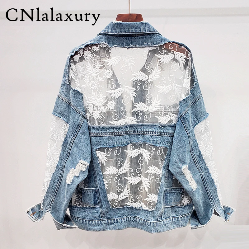 

Streetwear Women Hole Denim Jackets Coat New Spring Summer Jean Patchwork Lace Embroidery Thin Loose Jackets chaqueta mujer