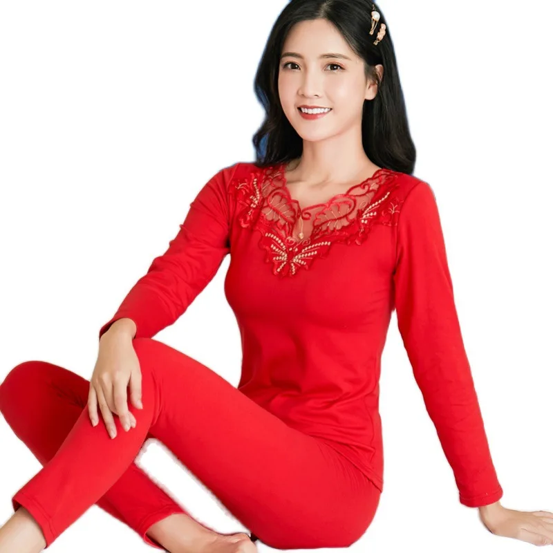 

SLPBELY Lace Sexy Winter Female Thermal Underwear Ladies Home Clothes Long Sleeve Soft Warm Blouse Slim Women Shaped Sets