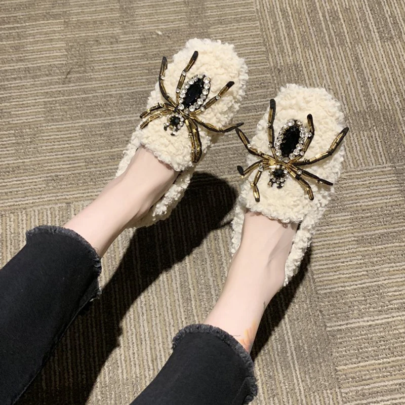 Женские дизайнерские туфли на искусственном меху стразы с металлическим