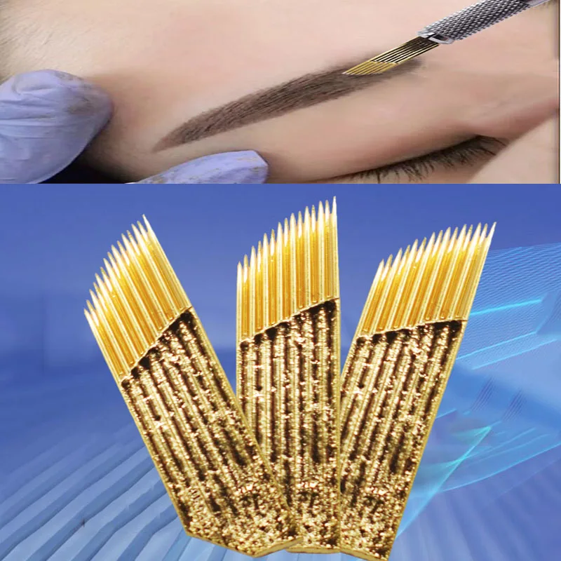 Permanent Makeup 3D Embroidery Needle Golden 2 Row 15 Pins For Eyebrow Tattoo Microblading Blade Fog |