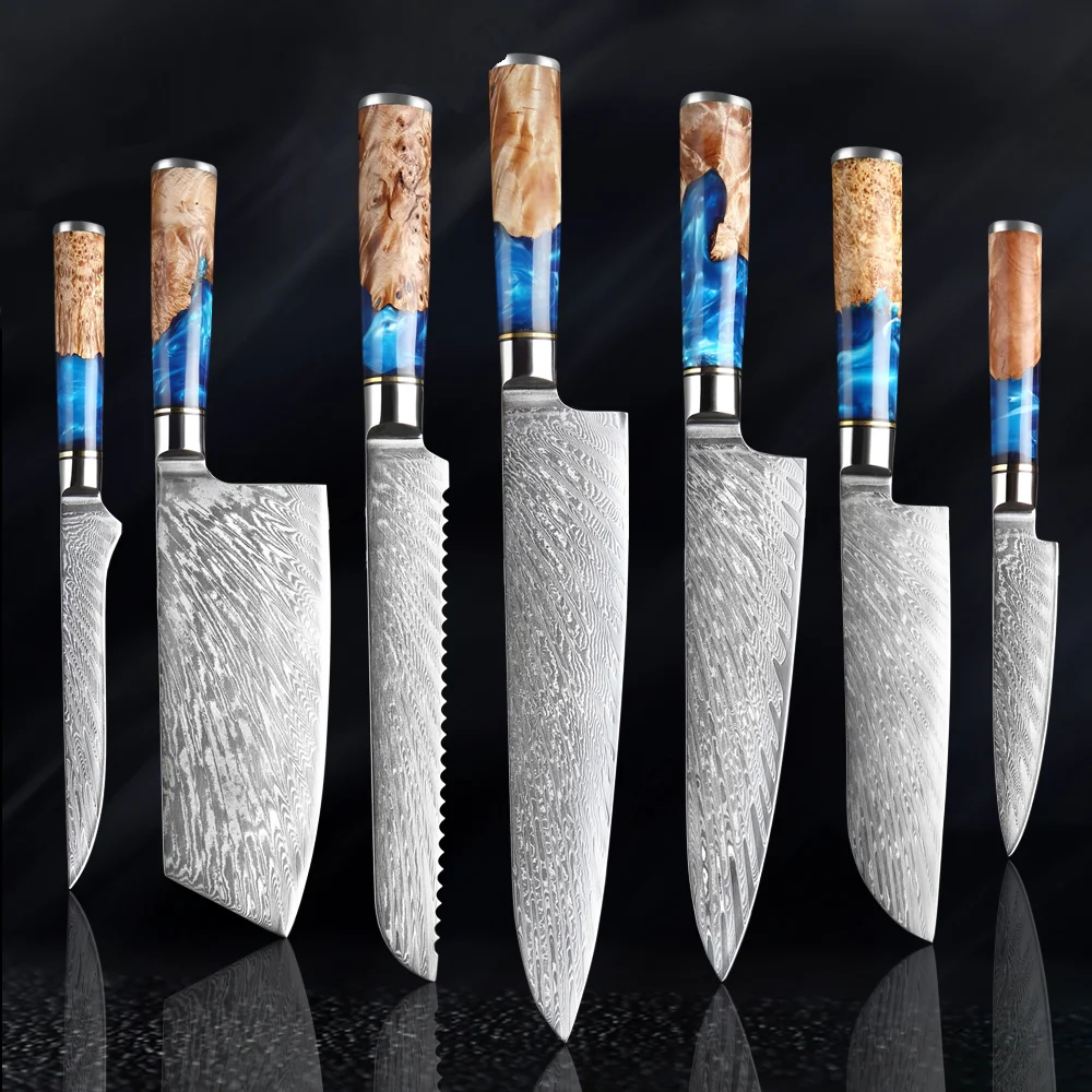 

Chef Knife with Blue Resin Wood Handle Japanese VG10 Damascus Steel Cutting Fishing Meat Kitchen Knives