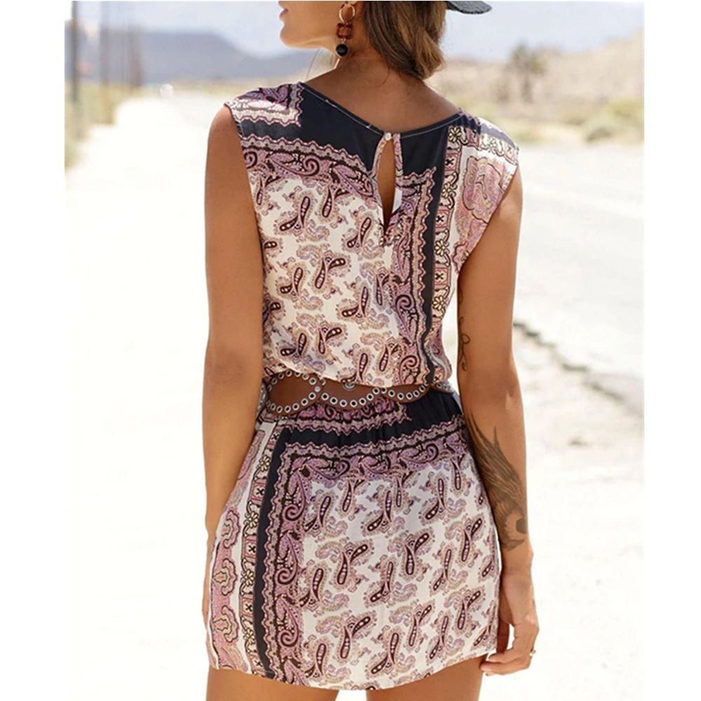 Платье женское с принтом пейсли Пляжное мини-платье круглым вырезом и широкими