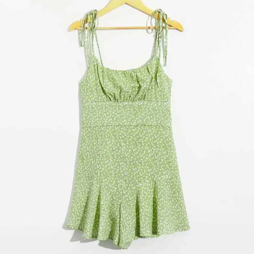 

yinlinhe Green Floral Summer Overalls For Women Backless Playusit Beach Holiday Strap Tied High Waist Jumpsuit Women Romper 1914