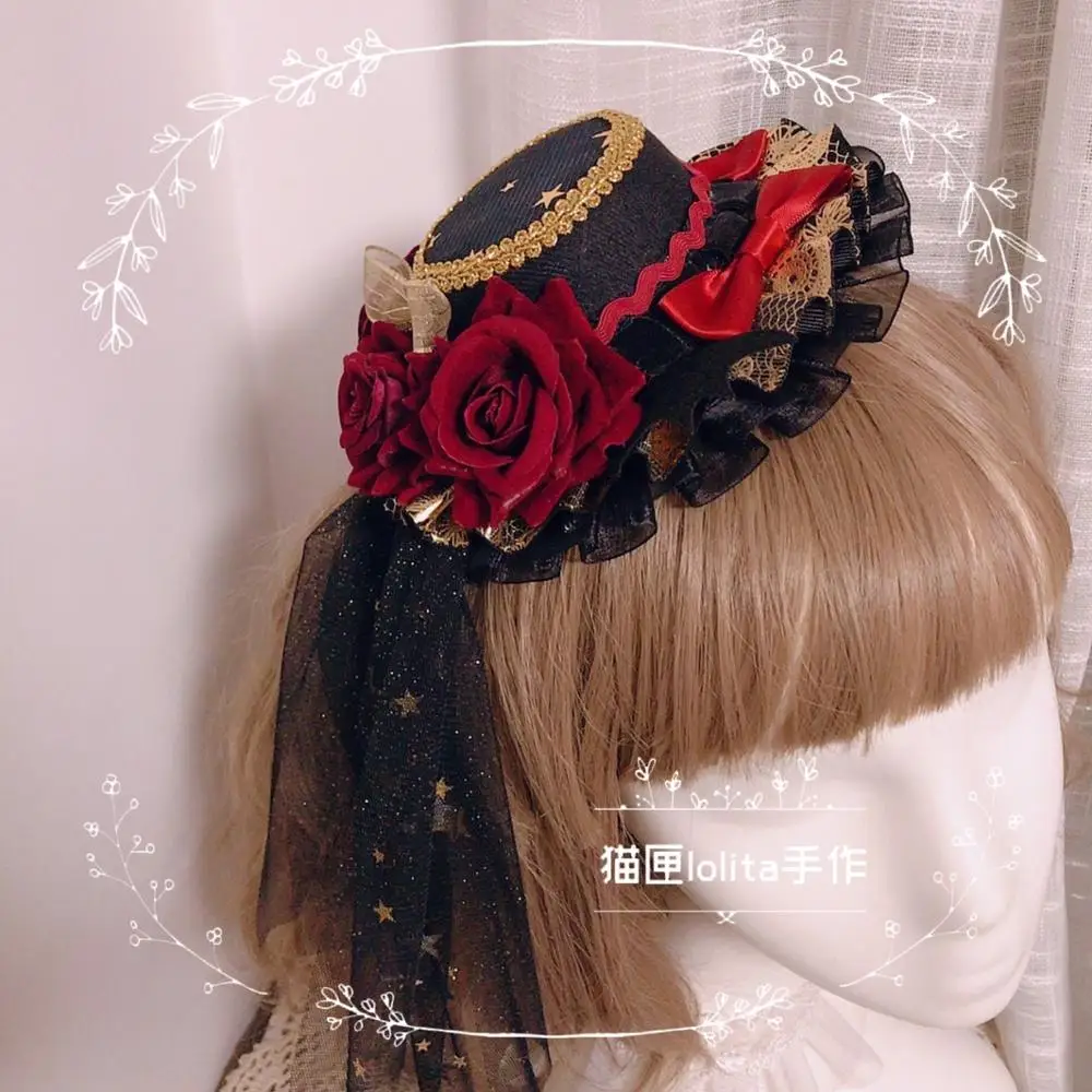 lolita Vintage Small Top hat Girl Party Cosplay Black red Star gauze Gothic rose little devil formal Gorgeous Headwear Props |