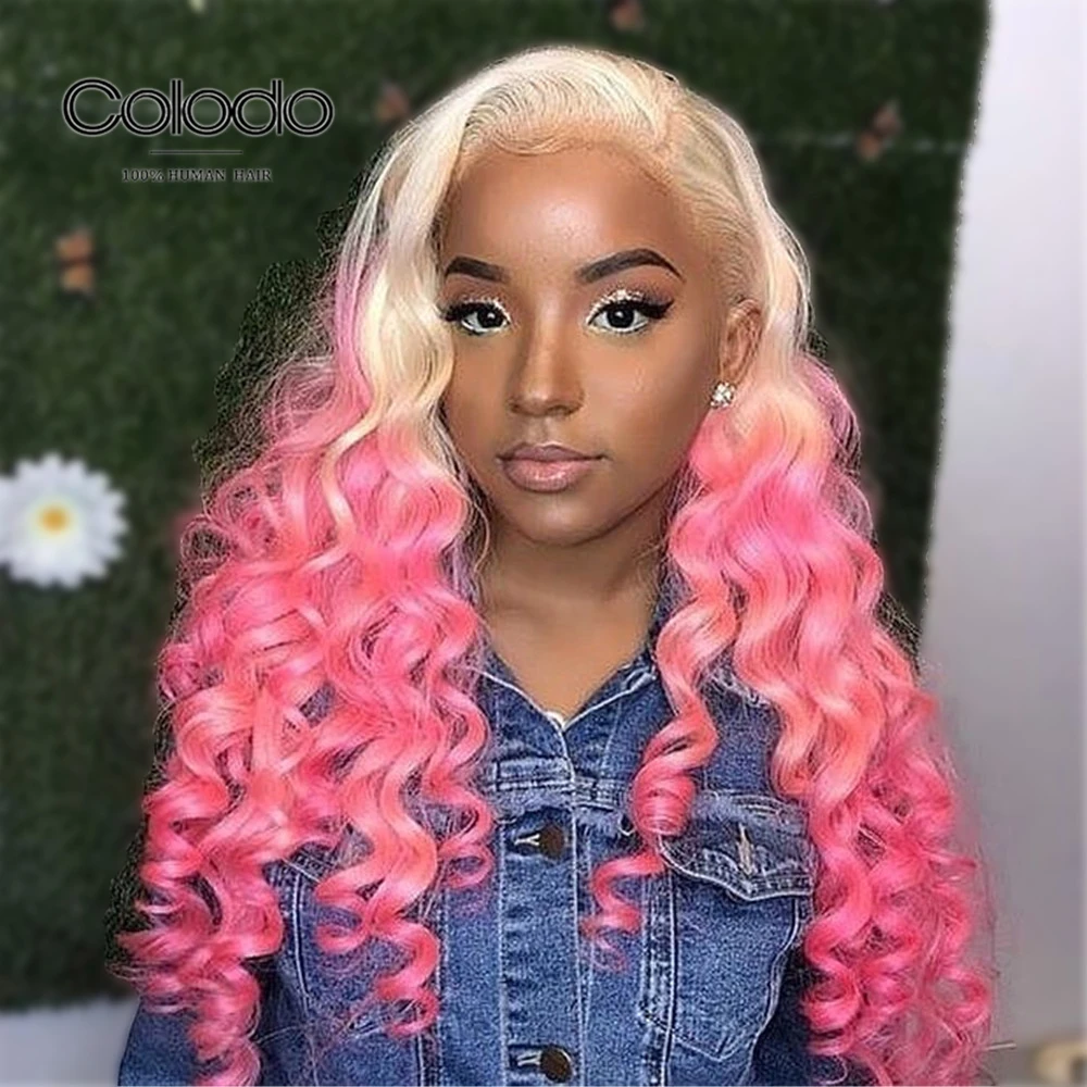 

COLODO Pink Ombre Lace Front Human Hair Wigs 13X4 Brazilian Remy Transparent Lace Wigs Dark Blue Colored Human Hair Wigs