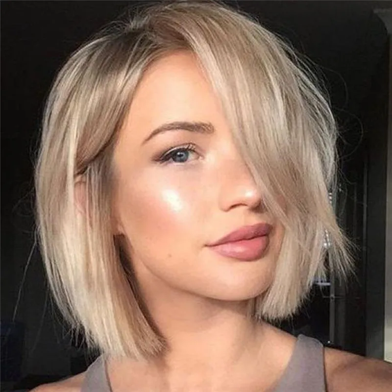 

Women Short Blonde Straight Wig Synthetic Wig With Side Part Bang Nature Looking Heat Resistant Fiber For Women Daily Party Use