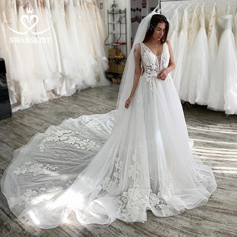 Свадебное платье феи с цветами 2020 шифоновое трапециевидной формы v образным