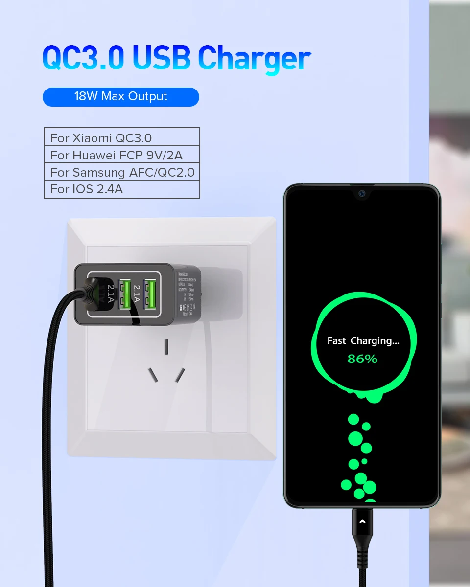 Venroii 3 USB зарядное устройство для мобильного телефона QC3.0 EU разъем для iPhone XR X Xiaomi Смартфон быстрая зарядка для huawei Быстрая зарядка
