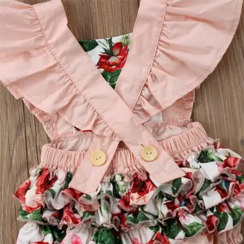 

2020 Summer Baby Clothing Lovely Kids Baby Girls Ruffles Floral Romper Jumpsuit Headband Outfits Clothes