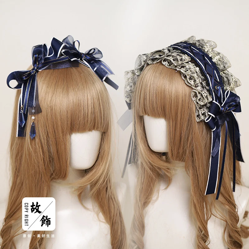 

Cyan Stamping Headdress Lolita Girl Woman Elegant Hair Clip Bowknot Edge Clamp KC Tassel Hair Hoop Lace Gorgeous Headband Kawaii