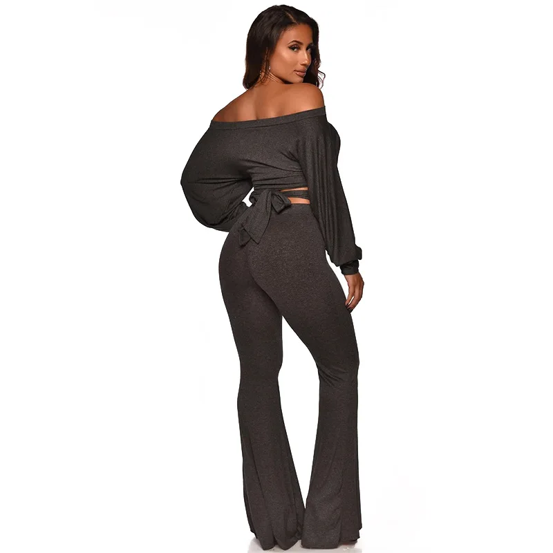 

Women's Spring Fall Black Gray 2 piece Sets Elasticity Bandage Tops And Skinny Pants Leisure Two-Piece Suit Streetwear Outfits