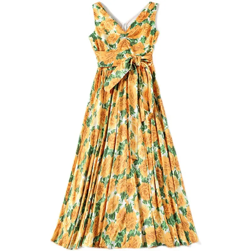 

Summer Dress Women Sleeveless V-Neck Yellow Printed Floral Bow Bandage Slim Midi Maxi Elegant Fashion Beach Holiday Dresses Robe