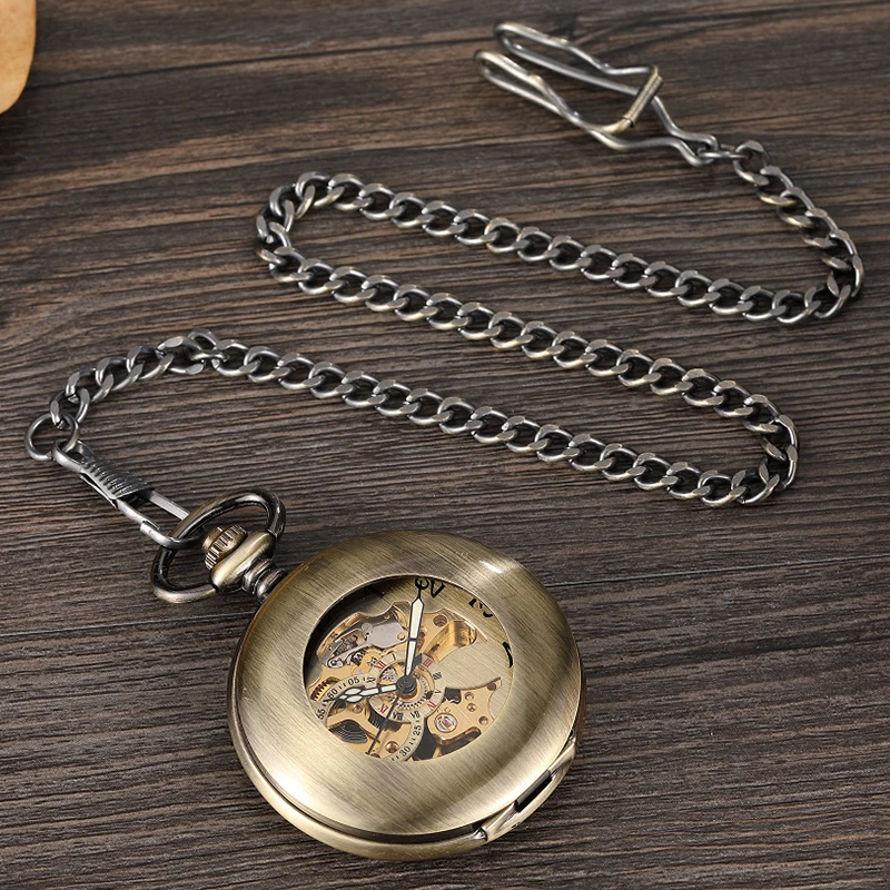 Old Time Mechanical Pocket Watch Antique Skeleton Dial Fob Chain Hollow Case Hanging Clock with Gift Box for Men Dropshipping