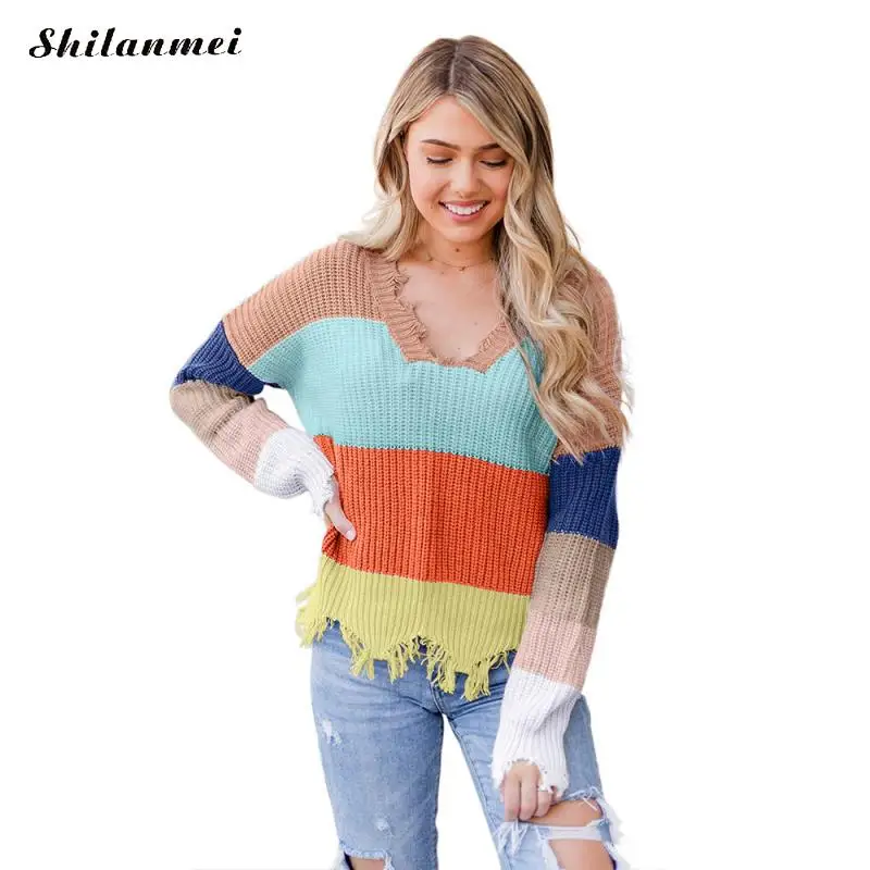 Свитер Женский вязаный с V-образным вырезом длинным рукавом | Женская одежда