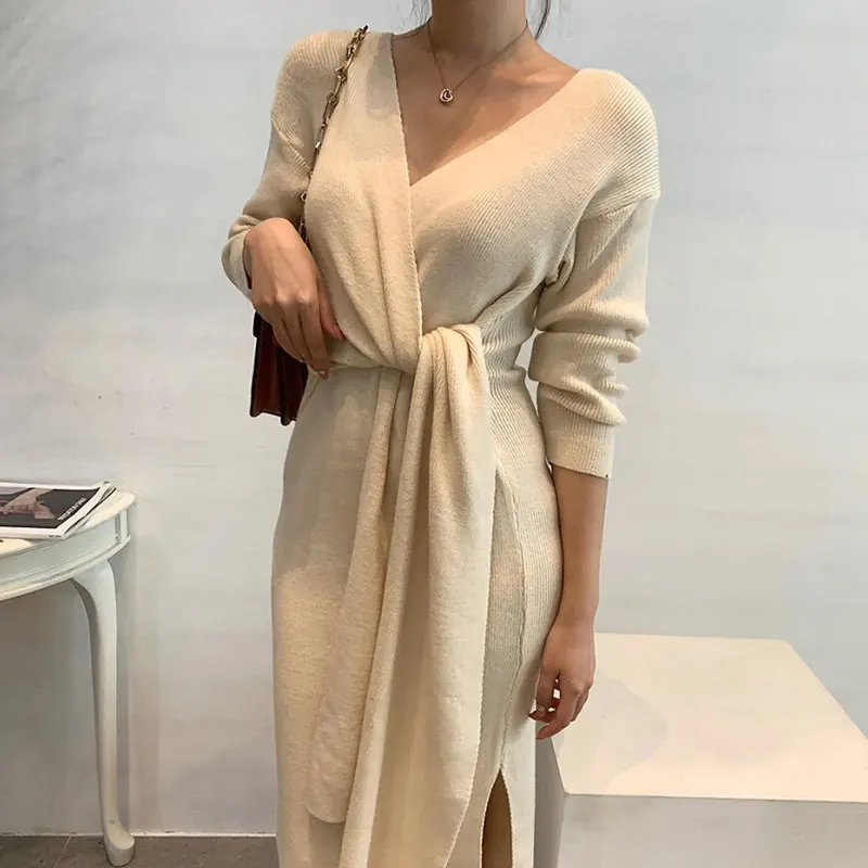 

Женское трикотажное платье-свитер средней длины, элегантное ТРАПЕЦИЕВИДНОЕ ПЛАТЬЕ С Длинным Рукавом, V-образным вырезом и боковым поясом, О...